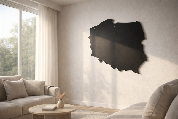 czarna metalowa mapa Polski na ścianie w nowoczesnym salonie