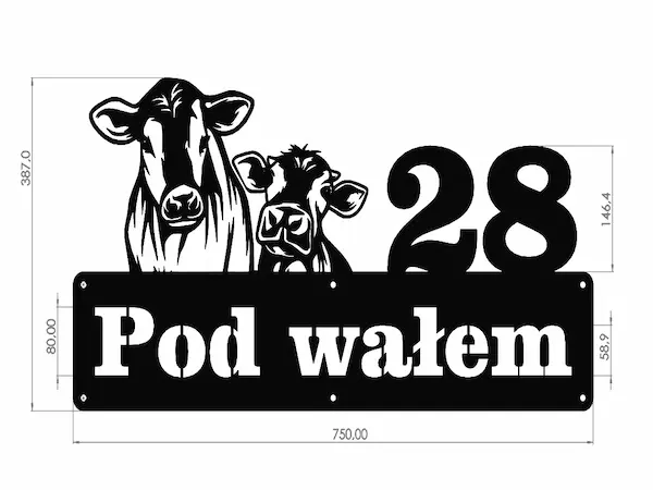 Tabliczka adresowa z krową – projekt z wymiarami
