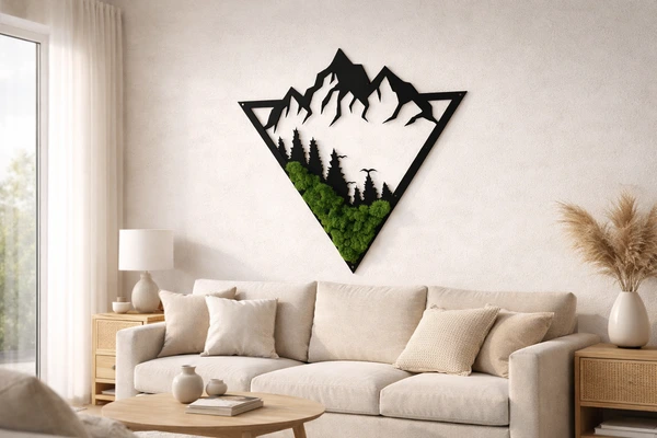 Metalowa dekoracja ścienna góry z mchem chrobotkiem w salonie